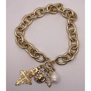 Kenneth Jay Lane KJL Gold Tone Chain Link Large Charm Faux Pearl Toggle Necklace
